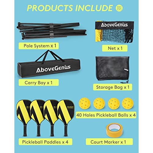 AboveGenius Pickleball Set with Net, Pickleball Paddles Set of 4, ...