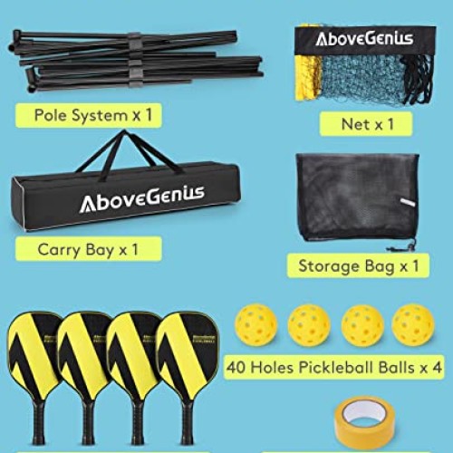 AboveGenius Pickleball Set with Net, Pickleball Paddles Set of 4, ...