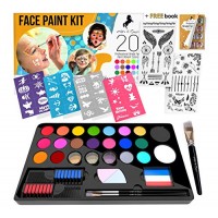 ADIS&GUYS Art Supply Face Painting Kit for Kids Party - 20 Water Based Non-Toxic Sensitive Skin Paints 3 Glitters 2 Hair Chalks Combs 3 Paint Brushes