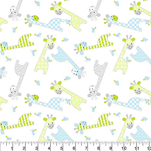 Comfy Flannel Baby Giraffes Green Blue Gray Fabric Sold by The Yard