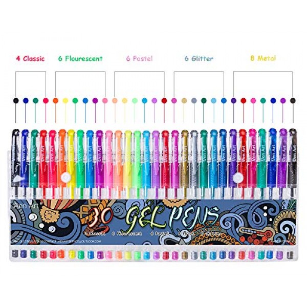 Gel Pens 30 Colors Gel Marker Set Colored Pen with 40% More Ink fo...