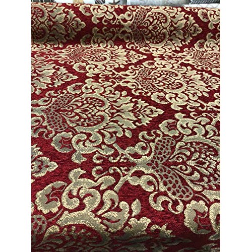 30 Yard Roll Chenille Upholstery Damask Ruby Red Gold Print Cleopa...
