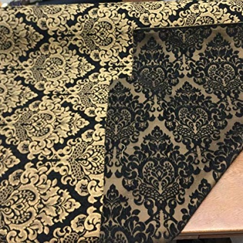 Chenille Damask Print Black Gold Cleopatra Upholstery Fabric By Th...