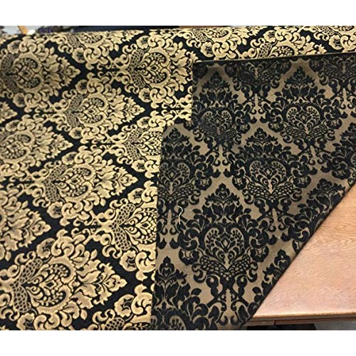 Chenille Damask Print Black Gold Cleopatra Upholstery Fabric By Th...