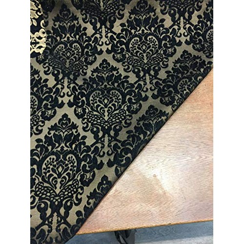 Chenille Damask Print Black Gold Cleopatra Upholstery Fabric By Th...