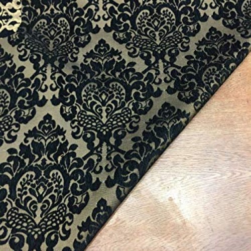 Chenille Damask Print Black Gold Cleopatra Upholstery Fabric By Th...