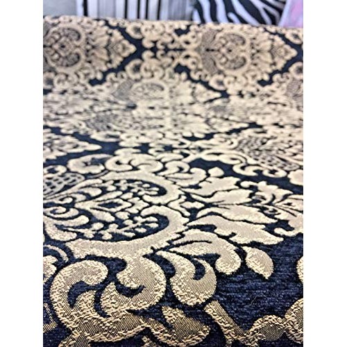 Chenille Damask Print Black Gold Cleopatra Upholstery Fabric By Th...