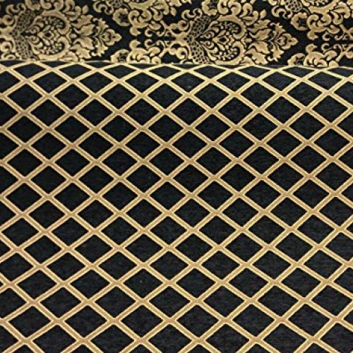 Chenille Damask Print Black Gold Diamond Upholstery sofa Fabric By...