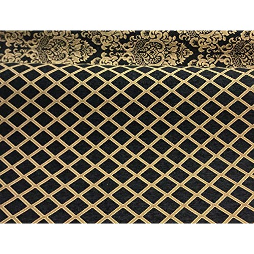 Chenille Damask Print Black Gold Diamond Upholstery sofa Fabric By...