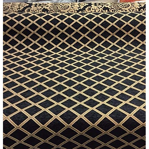 Chenille Damask Print Black Gold Diamond Upholstery sofa Fabric By...