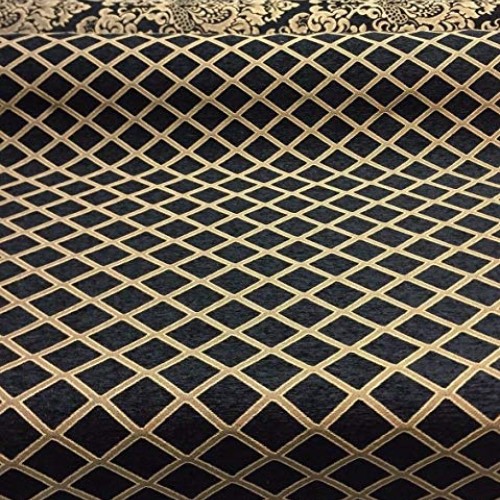 Chenille Damask Print Black Gold Diamond Upholstery sofa Fabric By...