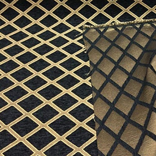 Chenille Damask Print Black Gold Diamond Upholstery sofa Fabric By...
