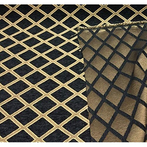 Chenille Damask Print Black Gold Diamond Upholstery sofa Fabric By...