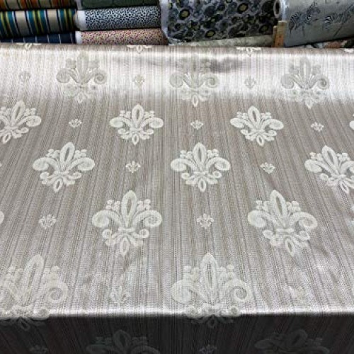 Fleur De Li Oatmeal Stripe Damask Jacquard Drapery Upholstery Fabr...