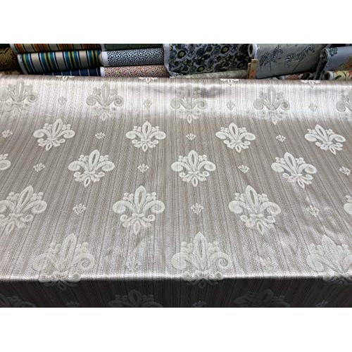 Fleur De Li Oatmeal Stripe Damask Jacquard Drapery Upholstery Fabr...