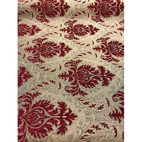 Sabrina Ruby Red Gold Damask Fabric Chenille upholstery Fabric by ...