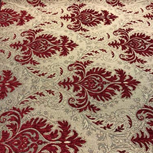 Sabrina Ruby Red Gold Damask Fabric Chenille upholstery Fabric by ...