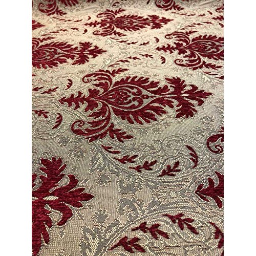 Sabrina Ruby Red Gold Damask Fabric Chenille upholstery Fabric by ...