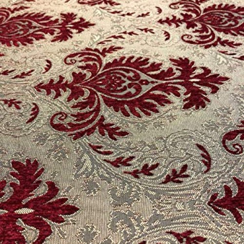 Sabrina Ruby Red Gold Damask Fabric Chenille upholstery Fabric by ...