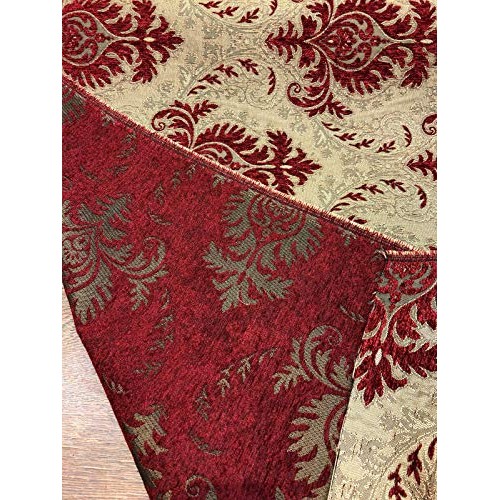 Sabrina Ruby Red Gold Damask Fabric Chenille upholstery Fabric by ...
