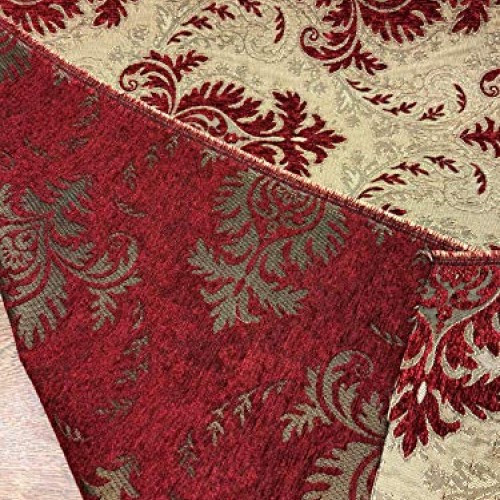 Sabrina Ruby Red Gold Damask Fabric Chenille upholstery Fabric by ...