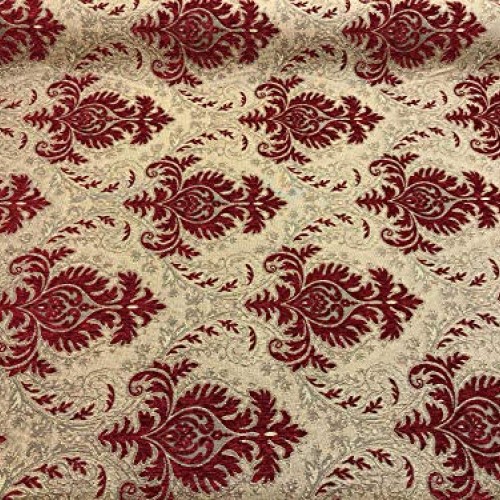 Sabrina Ruby Red Gold Damask Fabric Chenille upholstery Fabric by ...