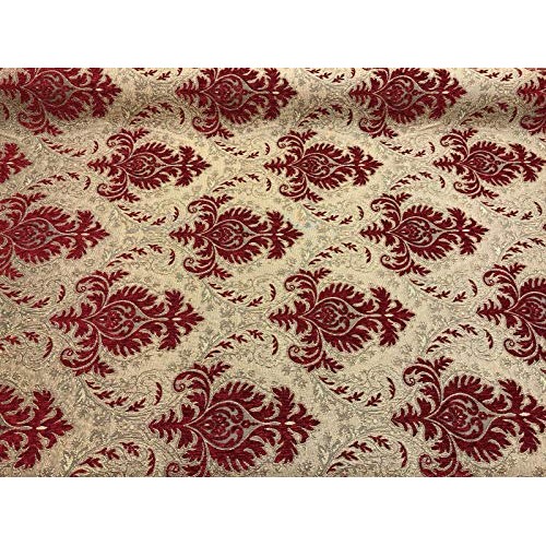 Sabrina Ruby Red Gold Damask Fabric Chenille upholstery Fabric by ...