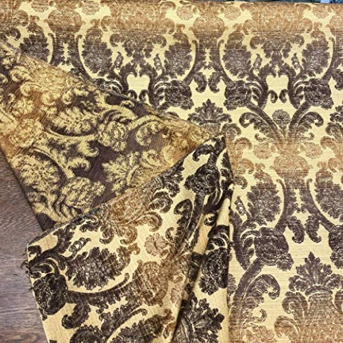 St Jacquard Damask Golden Upholstery Chenille Fabric by the yard s...