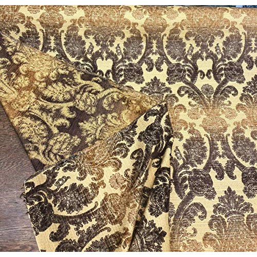 St Jacquard Damask Golden Upholstery Chenille Fabric by the yard s...