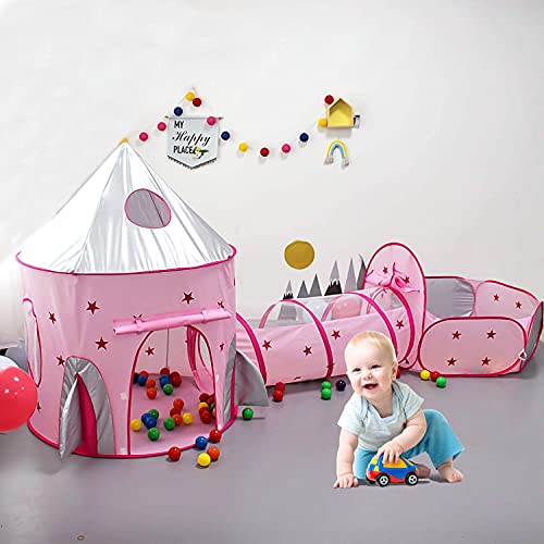 3 PC Kids Pop Up Play Tent with Tunnel,Spaceship Tent with Crawl T...