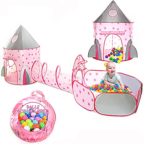 3 PC Kids Pop Up Play Tent with Tunnel,Spaceship Tent with Crawl T...