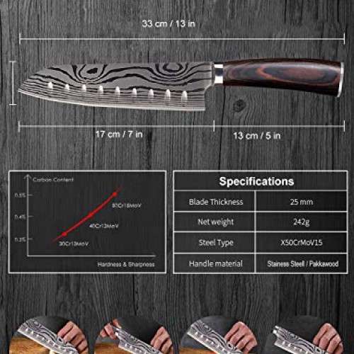 Santoku Chefs Knife - 7 Inch Japanese Kitchen Knife - High Carbon...