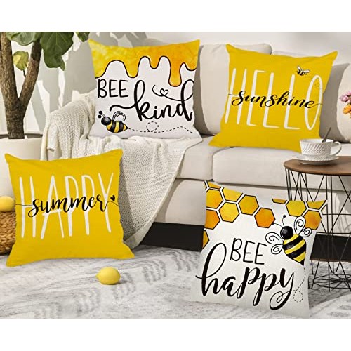 AKIT Summer Pillow Covers 18x18 Set of 4 Bee Throw Pillow Covers Y...