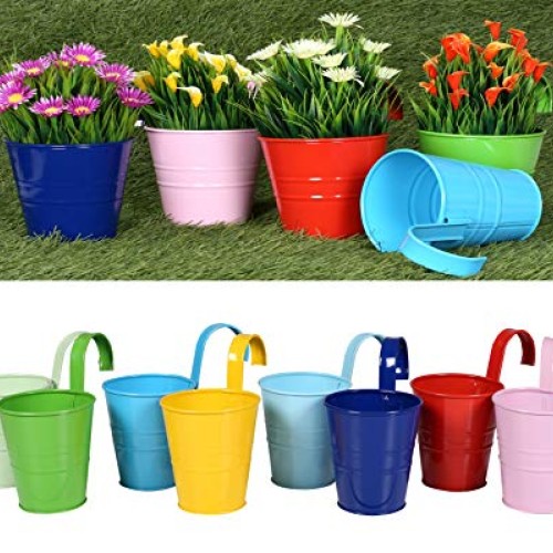 Hanging Flower Pots with Detachable Hook, Balcony Planters Metal B...