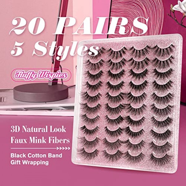 20 Pairs False Eyelashes 3D Faux Mink Lashes Natural Look Wispy Fa...