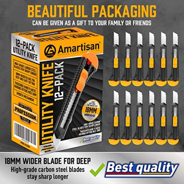 Amartisan 12-Pack Utility Knife, Retractable Box Cutter for Boxes,...