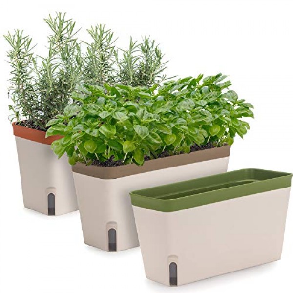 Windowsill Herb Planter Box, Set of 3, Rectangular Self Watering I...