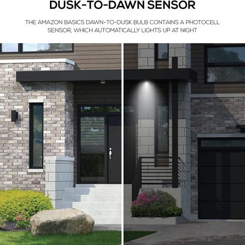 Amazon Basics A19 Dusk to Dawn Sensor LED Outdoor Light Bulb, 60W Equivalent, 9W, Daylight White, 5000K, E26 Base, 10,000 Hours, 6 Count (Pack of 1)