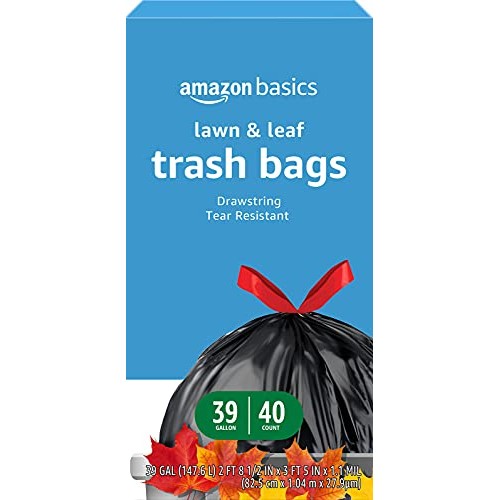 Amazon Basics Lawn & Leaf Drawstring Trash Bags, 39 Gallon, 40 Count