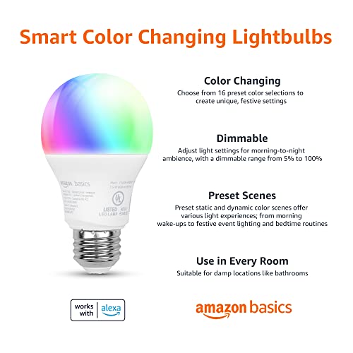 Amazon Basics Smart A19 LED Light Bulb, Color Changing, 2.4 GHz Wi...