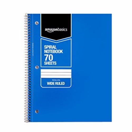 AmazonBasics Wide Ruled Wirebound Spiral Notebook, 70 Sheets, Asso...