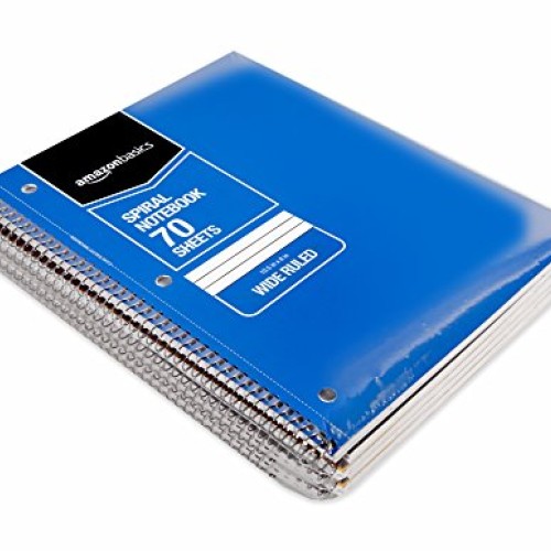 AmazonBasics Wide Ruled Wirebound Spiral Notebook, 70 Sheets, Asso...