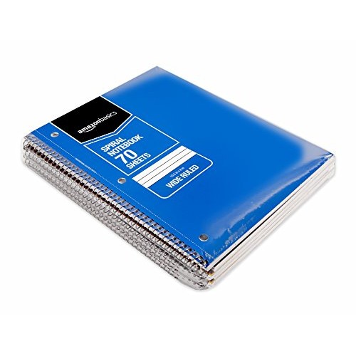 AmazonBasics Wide Ruled Wirebound Spiral Notebook, 70 Sheets, Asso...