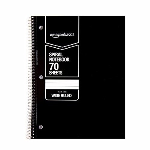 AmazonBasics Wide Ruled Wirebound Spiral Notebook, 70 Sheets, Asso...