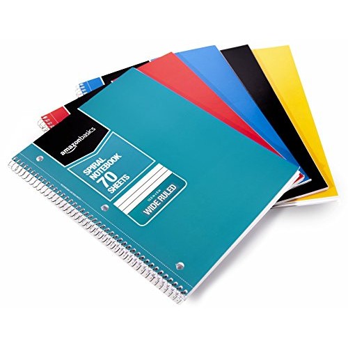 AmazonBasics Wide Ruled Wirebound Spiral Notebook, 70 Sheets, Asso...