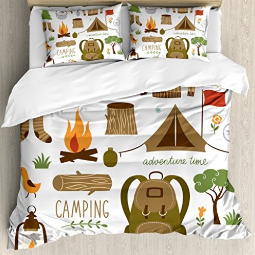 Ambesonne Adventure Duvet Cover Set, Camping Equipment Sleeping Ba...