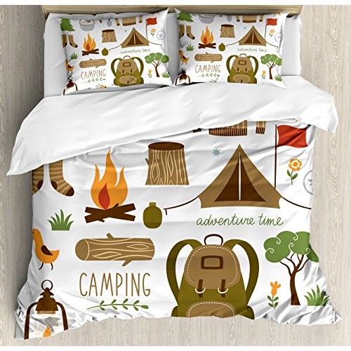 Ambesonne Adventure Duvet Cover Set, Camping Equipment Sleeping Ba...