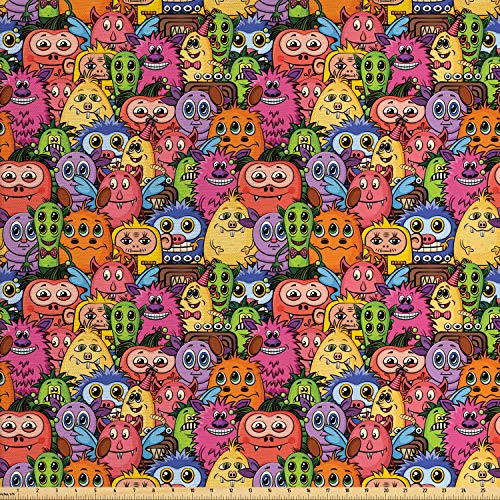 Ambesonne Alien Fabric by The Yard, Carnival of Beasts Cartoon Mon...