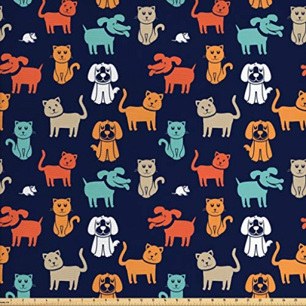 Ambesonne Animals Fabric by The Yard, Cartoon Style Cat Dog and Mo...