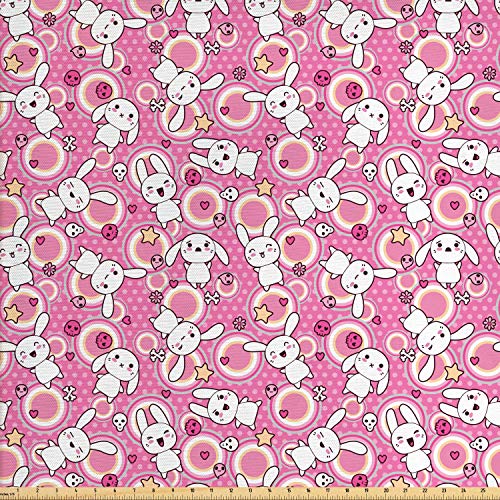 Ambesonne Anime Fabric by The Yard, Funny Kawaii Illustration with...